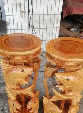 高90-95厘米香樟木木雕根雕花架鲤鱼荷花荷叶实木整木摆件