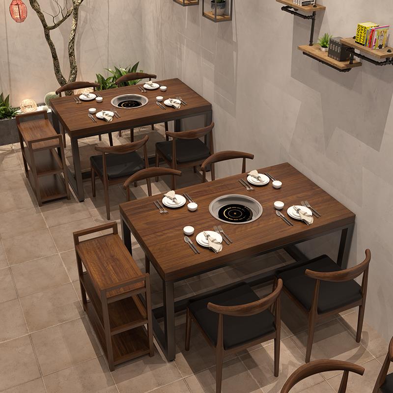 实木火锅桌带电磁炉一体餐桌商用串串烤肉店长方形桌多功能长条桌 - 图0