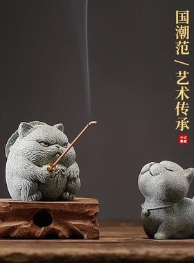卡通可爱小猫咪茶宠动物摆件创意侠客猫钓鱼香插香托鱼缸桌面装饰