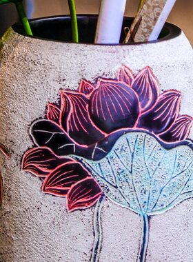 新中式家居落地荷香花瓶 客厅摆件花瓶书画字画缸卷轴画筒置物桶