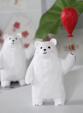同禅治愈系手工木雕可爱小白熊气球车载桌面家居装饰创意摆件礼品