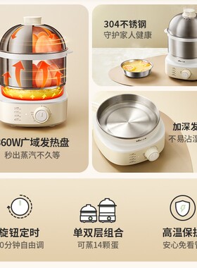 小熊蒸蛋器自动断电家用小型双层304L不锈钢煮蛋器多功能早餐神器