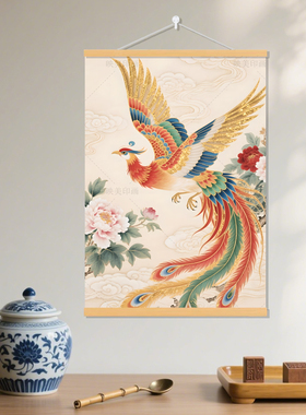 新款国风凤凰工笔神鸟挂画玄关走廊客厅玄关百鸟朝凤招财装饰挂画