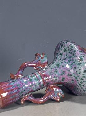 宋代钧瓷窑变红斑双龙耳花瓶家居装饰品博古架古玩文玩瓷摆件