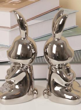 创意陶瓷兔子书挡摆件简约现代风办公室桌面书架软装仿真书装饰品