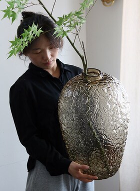 大肚玻璃花瓶渐变客厅吊钟插花鲜切落地花器摆件浮雕锤纹欧式美式