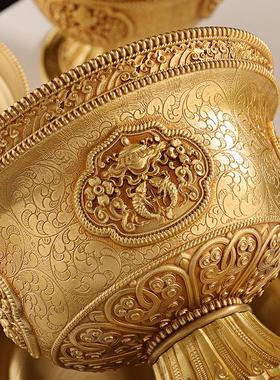 慧宝铜制供水杯八吉祥雕花家用办公圣水杯高脚八宝杯供水碗摆件