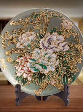 玉堂富贵纹片盘新中式漆线雕摆件金箔饰品新婚生日乔迁开业礼品