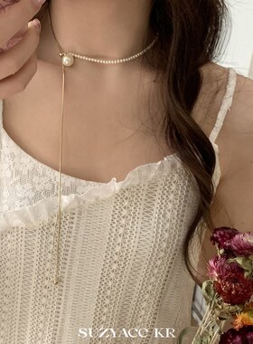 suzyacc kr珍珠抽拉蛇骨链轻奢小众高级感长项链简约百搭气质颈链
