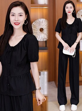 夏季时尚休闲套装女2025今年流行新款小个子洋气减龄阔腿裤两件套