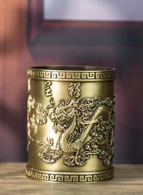 小铜记全铜龙凤笔筒黄铜龙凤呈祥家用大号笔筒高档商务送朋友礼物