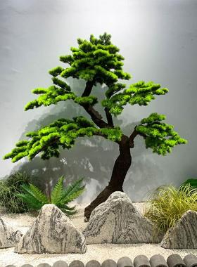 仿真松树迎客松摆件雪浪石新中式玄关造景装饰罗汉松盆景假树