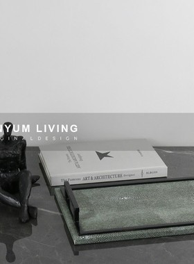 北欧创意长方形墨k绿皮革托盘金属把手软装饰品桌面收纳置物盘摆