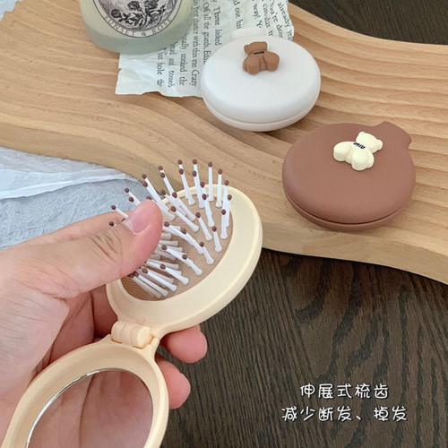 卡通折叠气囊梳可爱奶油色小梳子气梳化妆镜子一体便携迷你按摩梳 - 图2