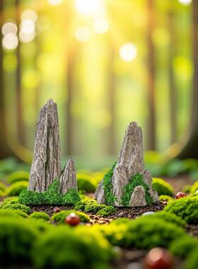创意仿真假山水瀑布奇石苔藓微景观园艺造景DIY装饰品盆景小摆件