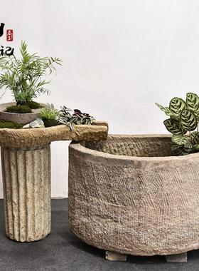 长嘴磨盘石槽流水摆件组合庭院花园水景老石磨荷花景观旧石头鱼缸