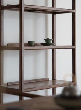 新中式简约书架黑胡桃实木多层落地置物架茶架明式禅意瓷器陈列架