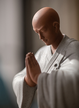 新中式紫砂小和尚摆件禅意t陶瓷人物小沙弥客厅桌面装饰品鱼缸造