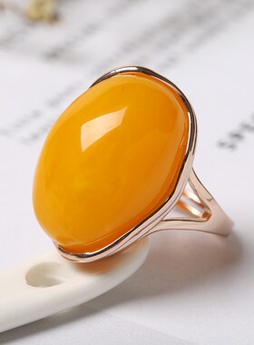 复古金色蜜蜡戒指男女款琥珀指环可调节J鸡油黄老蜡开口血珀食指