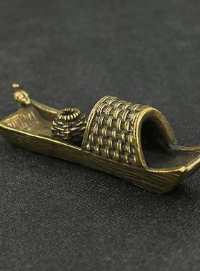 复古迷你纯黄铜小船茶宠摆件镇纸笔搁渔舟日式茶道铜器收藏工艺品