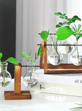创意烧杯水培花瓶办公室桌面摆件木架容器绿萝植物玻璃插花瓶装饰