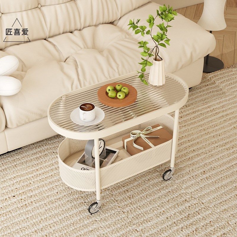 奶油风沙发边几可移动边柜简约现代床头侧边柜茶几钢化玻璃小推车,淘宝优惠券,粉丝福利购,淘宝优惠卷