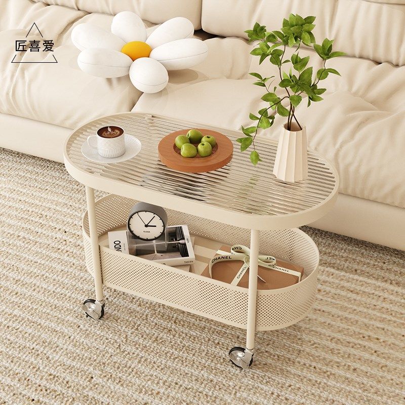 奶油风沙发边几可移动边柜简约现代床头侧边柜茶几钢化玻璃小推车,淘宝优惠券,粉丝福利购,淘宝优惠卷