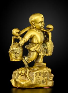 全铜运财童子摆件纯黄铜挑财送财童子善财童子办公室桌面工艺品