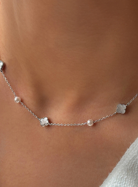 天然贝母四叶草珍珠可调节项链