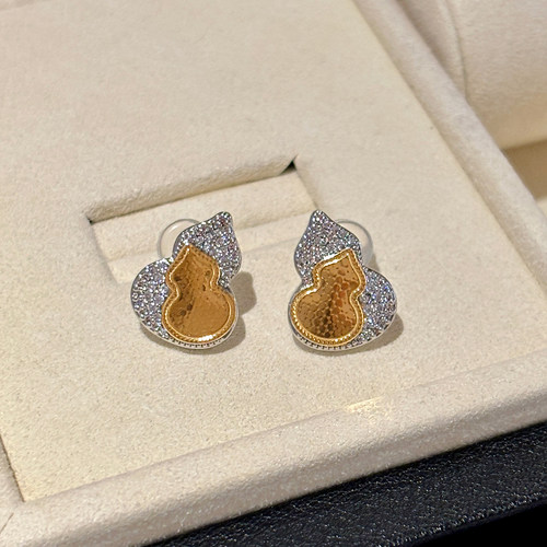 金银拼色碎冰冰满钻小葫芦耳钉女轻奢高级感方圆脸纯银针耳环耳饰 - 图1