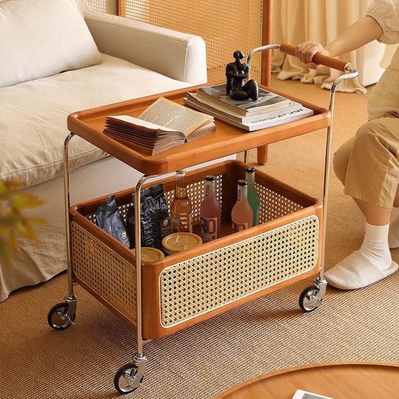 实木可移动边几收纳中古小推车客厅沙发储物置物架藤编简约餐车,淘宝优惠券,粉丝福利购,淘宝优惠卷