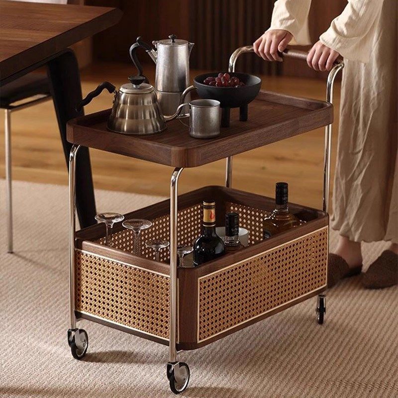 实木可移动边几收纳中古小推车客厅沙发储物置物架藤编简约餐车,淘宝优惠券,粉丝福利购,淘宝优惠卷