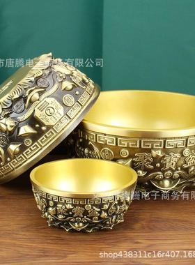 纯铜六蝠聚宝盆招财摆件中式家用客厅玄关装饰礼品聚财黄铜存钱罐