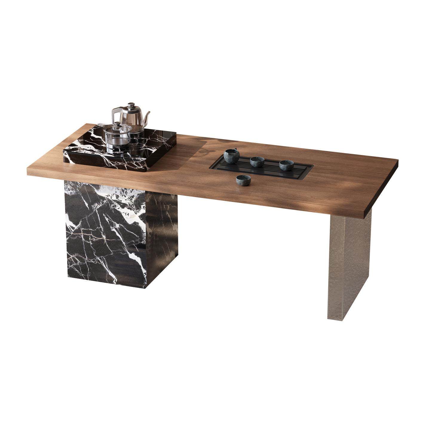 现代极简胡桃木纹岩板阳台茶桌椅组合高级感客厅家用茶台2025新款 - 图3