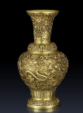 龙纹家居办公室工艺一对花瓶客厅装饰摆件纯礼品摆件花瓶摆件黄铜