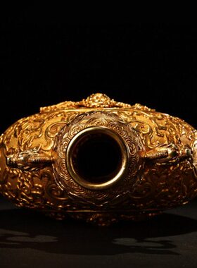 旧藏收藏高纯铜浮雕鎏装饰摆件古玩扁珍刻龙金收家具藏花瓶品錾旧