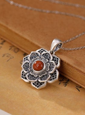 民族风南红玛瑙莲花银项链复古个性吊坠女六字P真言古典风百搭挂
