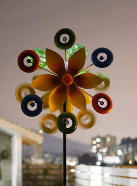 花园装饰铁艺风车旋转摆s件庭院别墅露台户外布置造景七彩太阳能