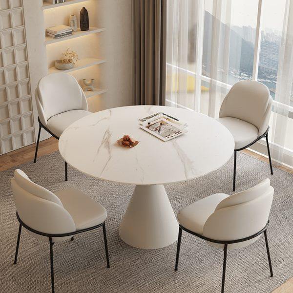 水磨石圆形岩板餐桌奶油风小户型餐厅饭桌网红圣杯圆桌简约纯白色,淘宝优惠券,粉丝福利购,淘宝优惠卷