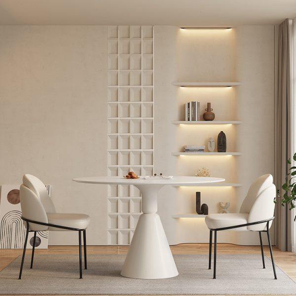 水磨石圆形岩板餐桌奶油风小户型餐厅饭桌网红圣杯圆桌简约纯白色,淘宝优惠券,粉丝福利购,淘宝优惠卷