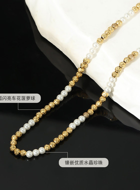 925纯银碎银子3m小米珍珠项链轻奢小众手工车花锁骨链女高级感