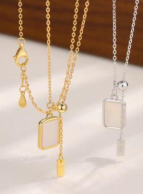 S925纯银方形贝母无事牌流苏项链时尚个性高级感伸缩可调节锁骨链