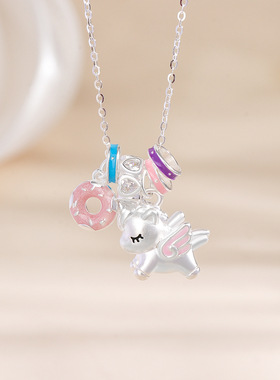 925纯银珐琅甜梦独角兽项链女吊坠高级感轻奢风马卡龙可爱锁骨链