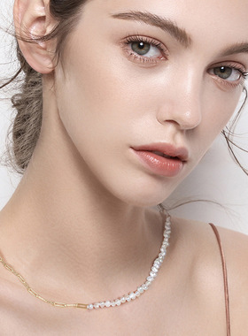 首饰 925纯银项链 回形链拼接天然巴洛克珍珠项链