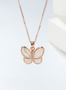 925纯银白贝母蝴蝶项链女锁骨链小众轻奢气质网红高级感银饰品