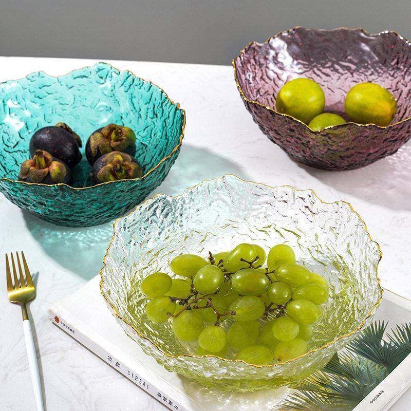 日式融冰金边玻璃碗沙拉碗套装家用水果盘北欧树皮锤纹餐具甜品碗,淘宝优惠券,粉丝福利购,淘宝优惠卷