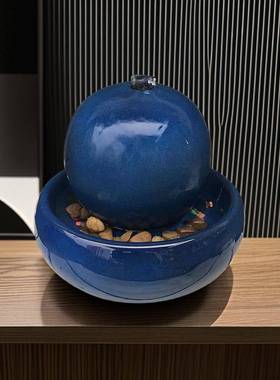 欧式陶瓷喷泉流水加湿器蓝色摆件家居客厅桌面创意水景工艺品摆设
