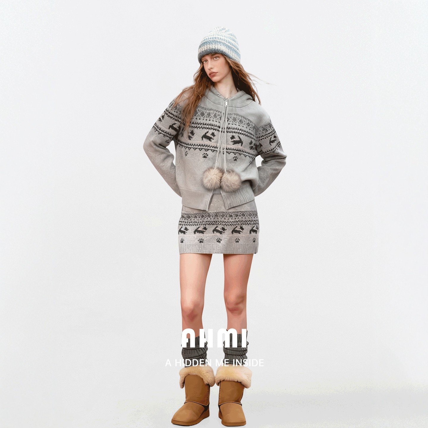 AHMI"麋鹿踏雪"费尔岛连帽毛衣开衫两件套女2025秋冬慵懒针织套装,淘宝优惠券,粉丝福利购,淘宝优惠卷