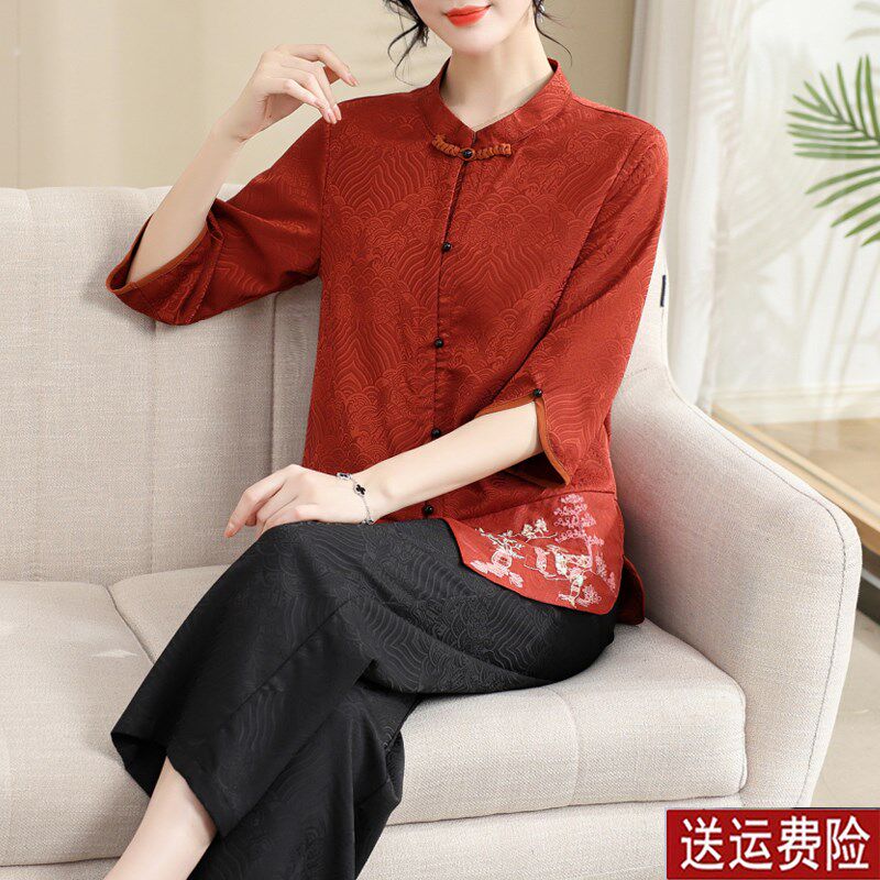 妈妈夏装套装新中式国风女装新款七分袖上衣中老年春夏季衬衫外套,淘宝优惠券,粉丝福利购,淘宝优惠卷