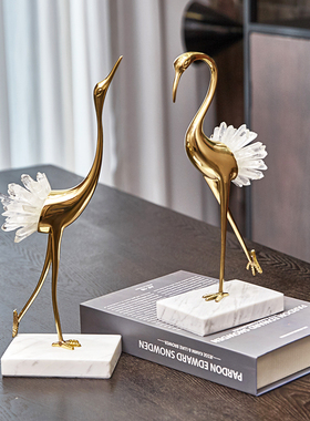 轻奢纯铜水晶石仙鹤摆件 新中式欧式家居客厅玄关电视柜酒柜装饰